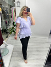 Lila Organze Şifon Kruvaze Yaka Kısa Kol Ve Etek Volanlı Bağlamalı Bluz stp 26y1478