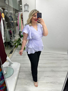 Lila Organze Şifon Kruvaze Yaka Kısa Kol Ve Etek Volanlı Bağlamalı Bluz stp 26y1478