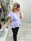 Lila Organze Şifon Kruvaze Yaka Kısa Kol Ve Etek Volanlı Bağlamalı Bluz stp 26y1478