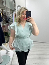 Mint Yeşili Organze Şifon Kruvaze Yaka Kısa Kol Ve Etek Volanlı Bağlamalı Bluz stp 26y1478