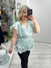 Mint Yeşili Organze Şifon Kruvaze Yaka Kısa Kol Ve Etek Volanlı Bağlamalı Bluz stp 26y1478
