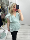 Mint Yeşili Organze Şifon Kruvaze Yaka Kısa Kol Ve Etek Volanlı Bağlamalı Bluz stp 26y1478