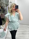 Mint Yeşili Organze Şifon Kruvaze Yaka Kısa Kol Ve Etek Volanlı Bağlamalı Bluz stp 26y1478