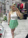 Mint Yeşili Şifon Üzeri Çiçekli  Mini Etek 