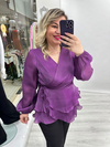 Mor Organze Şifon Kruvaze Yaka Uzun Kollu Ve Etek Volanlı Bağlamalı Bluz stp 27k1679