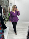 Mor Organze Şifon Kruvaze Yaka Uzun Kollu Ve Etek Volanlı Bağlamalı Bluz stp 27k1679
