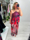 Mor Ve Pembe Batik Desenli Gold Toka Detaylı Kraşlı Uzun Elbise stp 26y2803