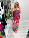 Mor Ve Pembe Batik Desenli Gold Toka Detaylı Kraşlı Uzun Elbise stp 26y2803