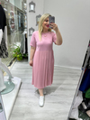Pembe Bisiklet Yaka  Şifon Piliseli Kısa Kollu Elbise
