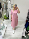 Pembe Bisiklet Yaka  Şifon Piliseli Kısa Kollu Elbise
