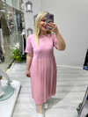 Pembe Bisiklet Yaka  Şifon Piliseli Kısa Kollu Elbise