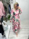 Pembe Desenli Gipeli Uzun Elbise dk 580224