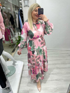 Pembe Desenli Gipeli Uzun Elbise dk 580224