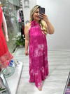 Pembe Halter Yaka Çiçek Aksesuar Detaylı Şifon Elbise my 3550