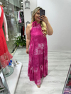 Pembe Halter Yaka Çiçek Aksesuar Detaylı Şifon Elbise my 3550