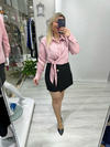 Pembe Kendinden Çizgili Yandan Bağlamalı Gömlek Bluz stp 25y1330