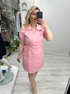 Pembe Kruvaze Bağcıklı Kısa Kollu Double Taşlı Elbise stp 26k2779