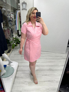 Pembe Kruvaze Bağcıklı Kısa Kollu Double Taşlı Elbise stp 26k2779