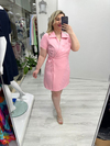Pembe Kruvaze Bağcıklı Kısa Kollu Double Taşlı Elbise stp 26k2779