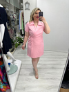 Pembe Kruvaze Bağcıklı Kısa Kollu Double Taşlı Elbise stp 26k2779