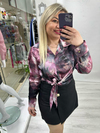 Pembe Mürdüm Batik Desenli Yandan Bağlamalı Saten Gömlek Bluz stp 25y1325