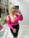 Pembe Omuz Dekolteli Taşlı Triko Bluz
