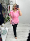 Pembe Organze Şifon Kruvaze Yaka Kısa Kol Ve Etek Volanlı Bağlamalı Bluz stp 26y1478