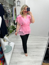 Pembe Organze Şifon Kruvaze Yaka Kısa Kol Ve Etek Volanlı Bağlamalı Bluz stp 26y1478