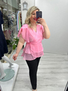 Pembe Organze Şifon Kruvaze Yaka Kısa Kol Ve Etek Volanlı Bağlamalı Bluz stp 26y1478