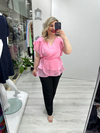Pembe Organze Şifon Kruvaze Yaka Kısa Kol Ve Etek Volanlı Bağlamalı Bluz stp 26y1478