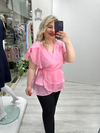 Pembe Organze Şifon Kruvaze Yaka Kısa Kol Ve Etek Volanlı Bağlamalı Bluz stp 26y1478