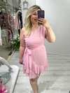 Pembe Tek Omuz Drapeli Etek Volanlı Elbise stp 25y2628