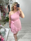 Pembe Tek Omuz Drapeli Etek Volanlı Elbise stp 25y2628