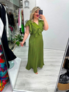 Premium Haki Organze Şifon Ön Arka V Yaka Kruvaze Kısa Kol Volanlı Uzun Elbise  stp 26y2797