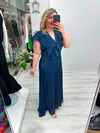 Premium Lacivert Organze Şifon Ön Arka V Yaka Kruvaze Kısa Kol Volanlı Uzun Elbise  stp 26y2797