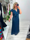Premium Lacivert Organze Şifon Ön Arka V Yaka Kruvaze Kısa Kol Volanlı Uzun Elbise  stp 26y2797