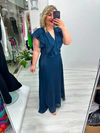 Premium Lacivert Organze Şifon Ön Arka V Yaka Kruvaze Kısa Kol Volanlı Uzun Elbise  stp 26y2797