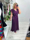 Premium Mor Organze Şifon Ön Arka V Yaka Kruvaze Kısa Kol Volanlı Uzun Elbise  stp 26y2797