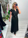 Premium Siyah Organze Şifon Ön Arka V Yaka Kruvaze Kısa Kol Volanlı Uzun Elbise  stp 26y2797