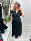 Premium Siyah Organze Şifon Ön Arka V Yaka Kruvaze Kısa Kol Volanlı Uzun Elbise  stp 26y2797