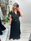 Premium Siyah Organze Şifon Ön Arka V Yaka Kruvaze Kısa Kol Volanlı Uzun Elbise  stp 26y2797