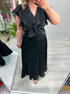 Premium Siyah Organze Şifon Ön Arka V Yaka Kruvaze Kısa Kol Volanlı Uzun Elbise  stp 26y2797