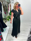 Premium Siyah Organze Şifon Ön Arka V Yaka Kruvaze Kısa Kol Volanlı Uzun Elbise  stp 26y2797