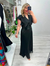 Premium Siyah Organze Şifon Ön Arka V Yaka Kruvaze Kısa Kol Volanlı Uzun Elbise  stp 26y2797