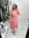 Pudra Pembe Kolsuz Kruvaze Kapama Etek Volanlı Şifon Elbise stp 26y2788