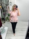 Pudra Pembe Organze Şifon Kruvaze Yaka Kısa Kol Ve Etek Volanlı Bağlamalı Bluz stp 26y1478