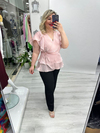 Pudra Pembe Organze Şifon Kruvaze Yaka Kısa Kol Ve Etek Volanlı Bağlamalı Bluz stp 26y1478