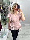 Pudra Pembe Organze Şifon Kruvaze Yaka Kısa Kol Ve Etek Volanlı Bağlamalı Bluz stp 26y1478