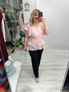 Pudra Pembe Organze Şifon Kruvaze Yaka Kısa Kol Ve Etek Volanlı Bağlamalı Bluz stp 26y1478