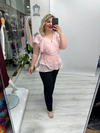 Pudra Pembe Organze Şifon Kruvaze Yaka Kısa Kol Ve Etek Volanlı Bağlamalı Bluz stp 26y1478